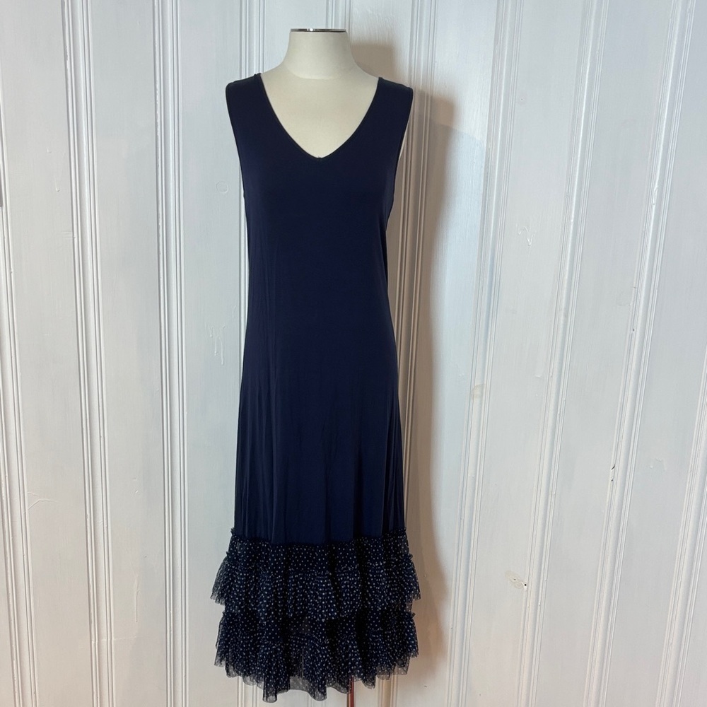 COCO MARINA Navy Viscose Dress with Polka Dot Tulle Hem – Size S (Fits XS–L)